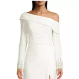 Mac Duggal One-Shoulder Jersey Ruched Side Slit Gown